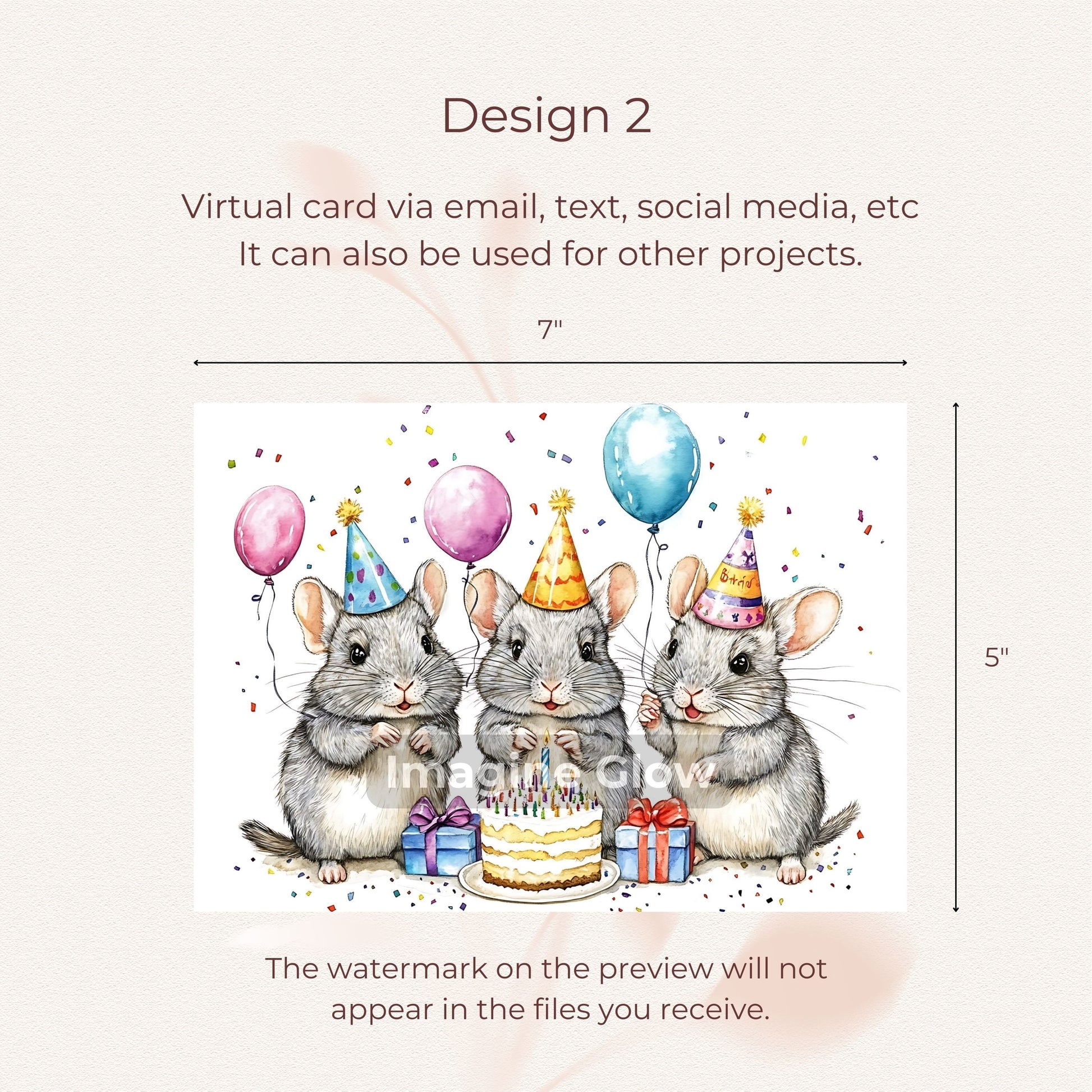 Celebration card showcasing a chinchilla, instant digital download for easy printing.