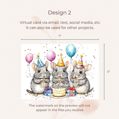 Celebration card showcasing a chinchilla, instant digital download for easy printing.