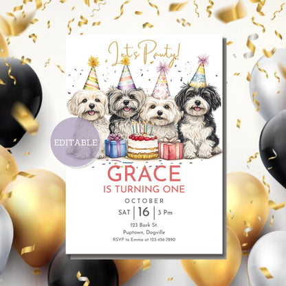 Havanese Dog-themed birthday invitation, printable and digital download.