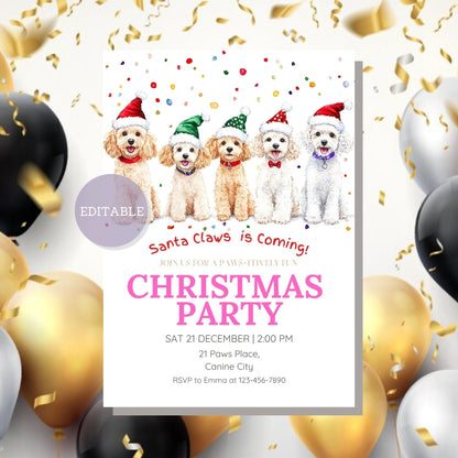 Festive Poodle Christmas invitation template ideal for inviting friends and family to your holiday event.