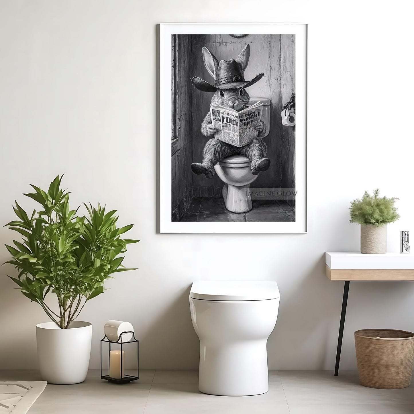 Rabbit Sitting on Toilet Print - Funny Bathroom Wall Decor