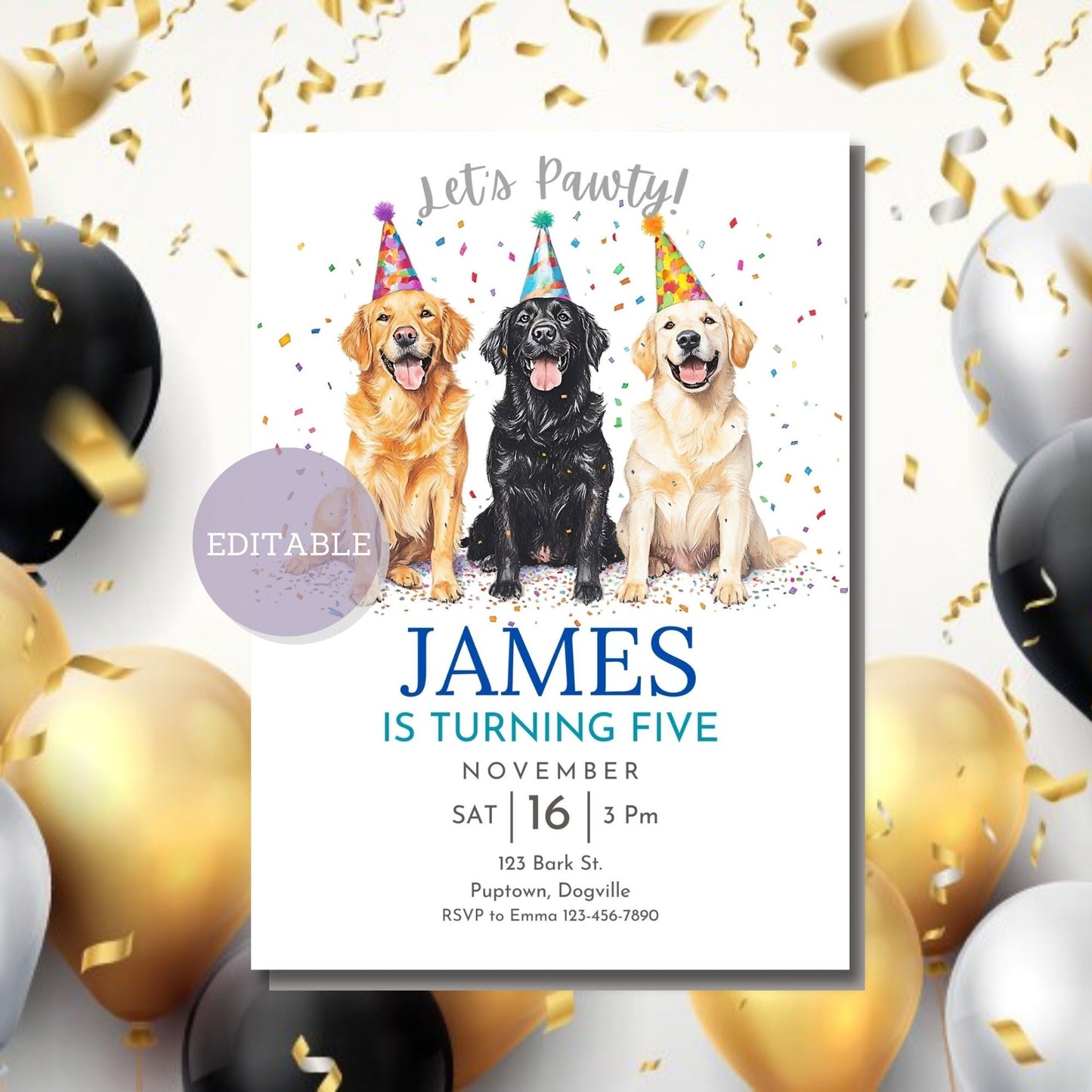 Editable dog-themed birthday invitation featuring a Golden Retriever.