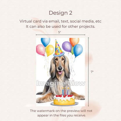 Printable birthday card featuring an elegant Afghan Hound dog.