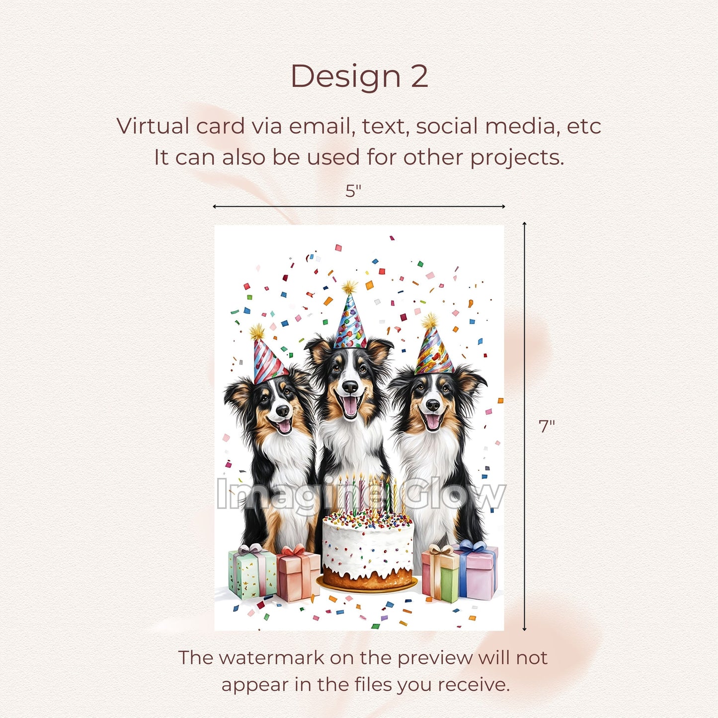 Printable greeting card featuring Collie dogs celebrating a birthday party