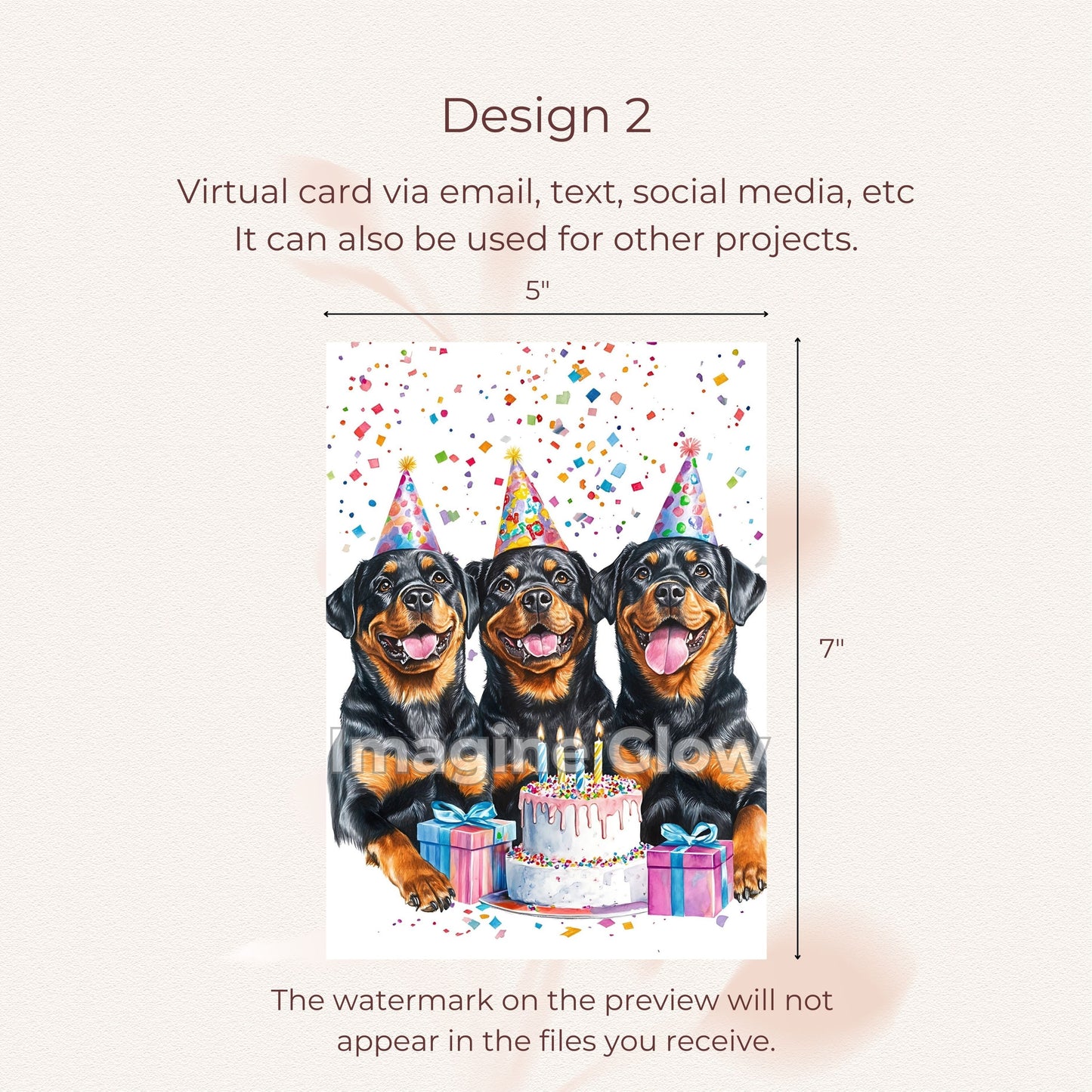 Printable Rottweiler dogs birthday card, great for party decorations or sending birthday wishes.