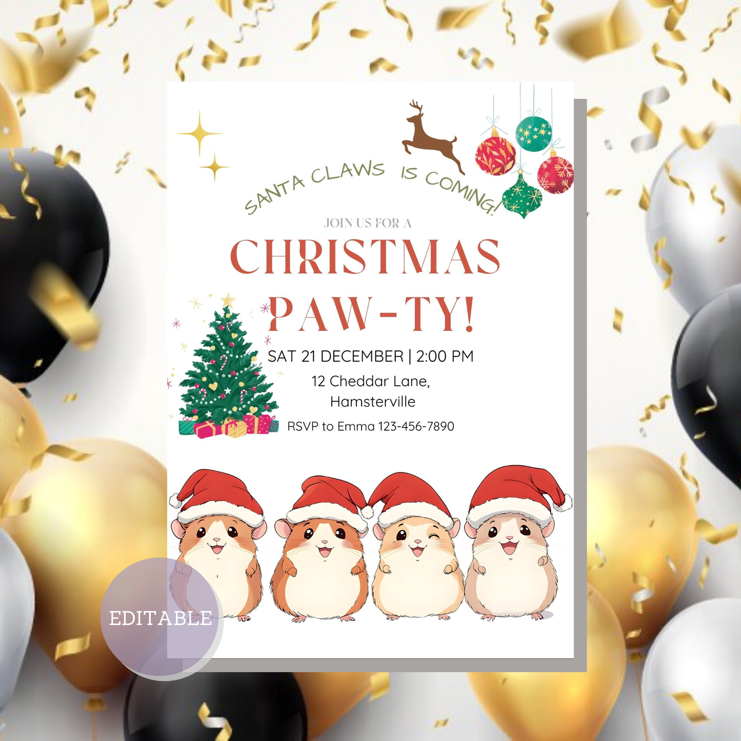 Printable Hamster Christmas Party Invite - Customizable holiday invitation, ideal for festive gatherings with a hamster theme.