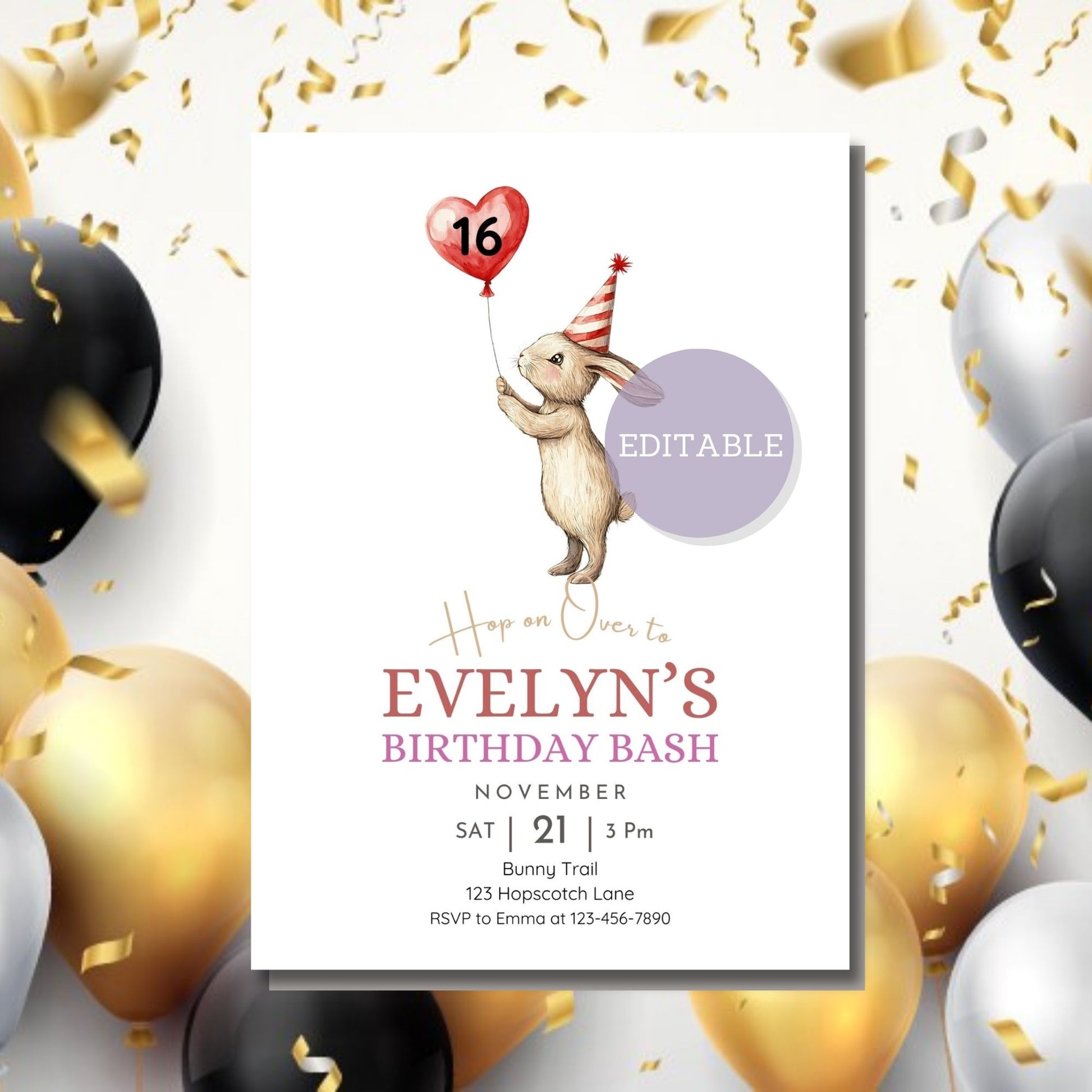 Printable bunny birthday invite with editable number on balloon.