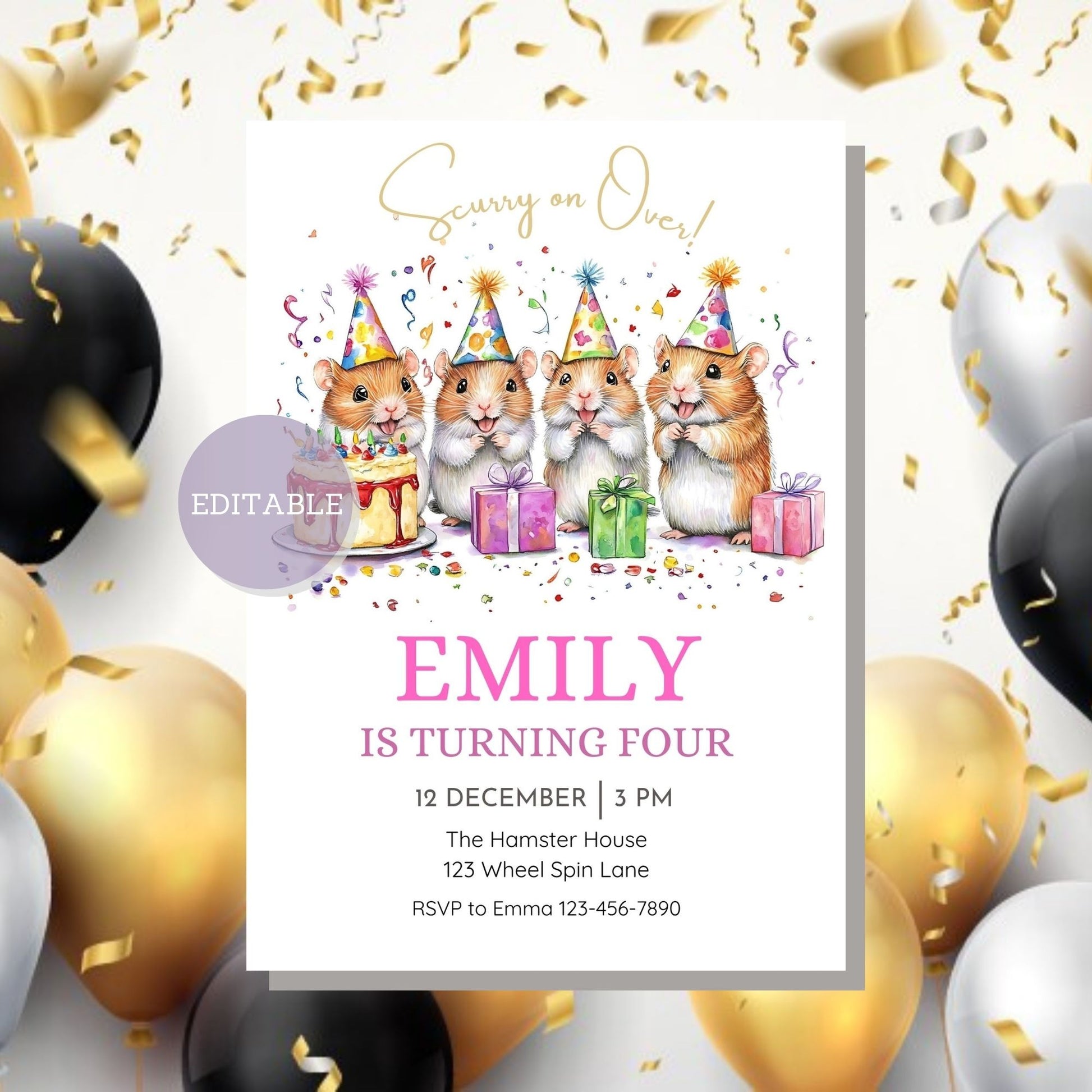 Customizable hamster-themed birthday invitation, editable in Canva.
Adorable hamster birthday invitation template, perfect for pet lovers.