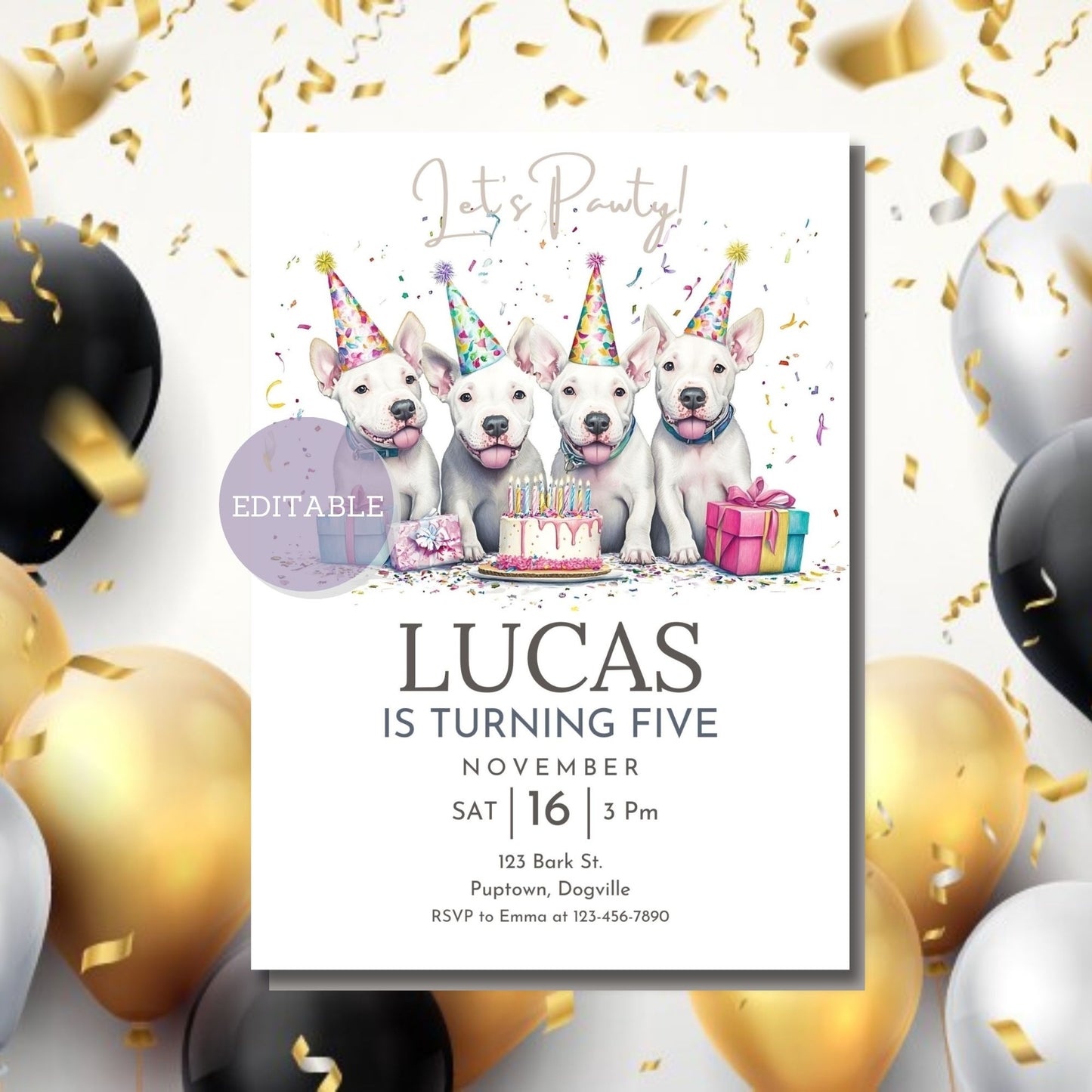 Printable Bull Terrier dog invitation, digital download.
