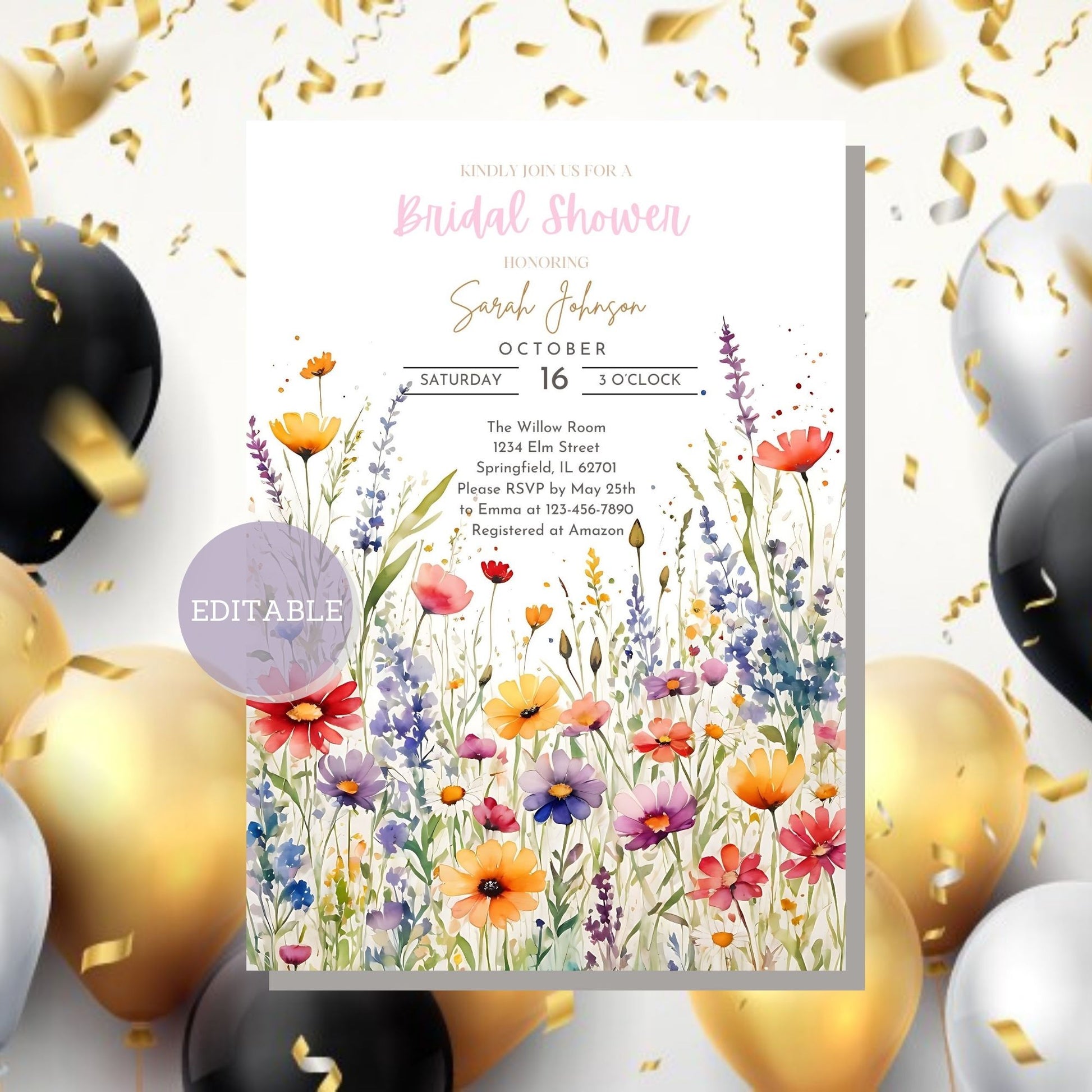 Printable wildflower bridal shower invitation featuring colorful flowers - perfect for a garden or outdoor-themed celebration.