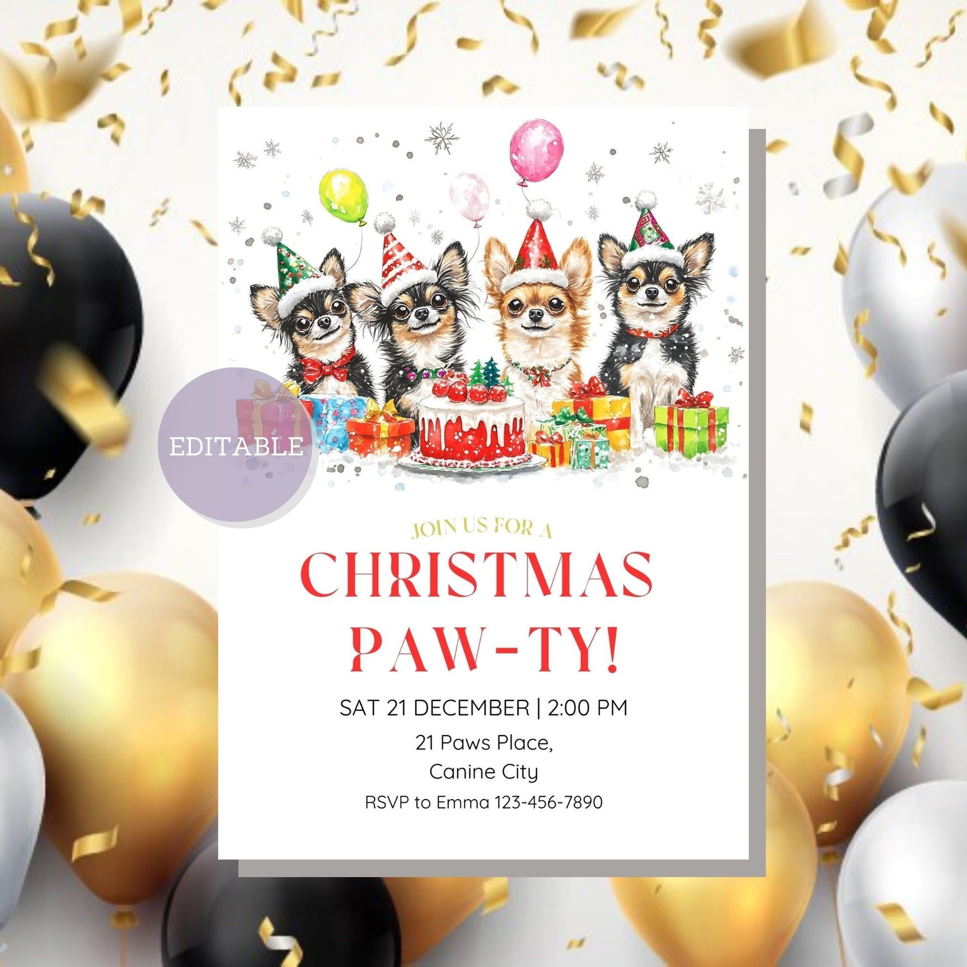 Festive Chihuahua Christmas invitation template ideal for inviting guests to your holiday event.