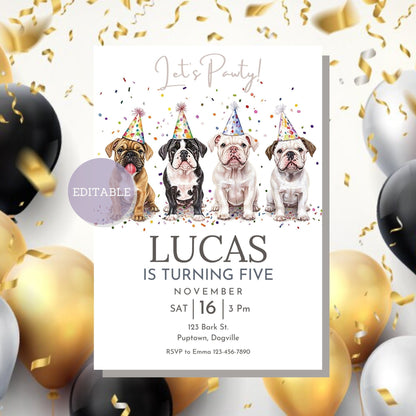 Editable birthday party invitation featuring a Bulldog design.