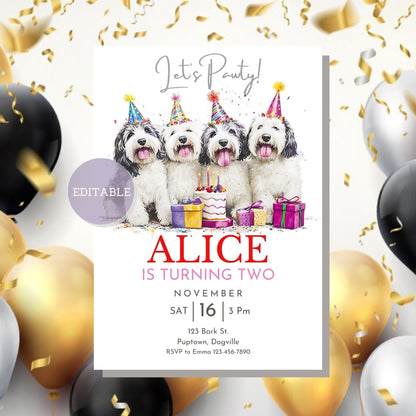 Personalized Old English Sheepdog birthday invitation template for a fun dog-themed party.