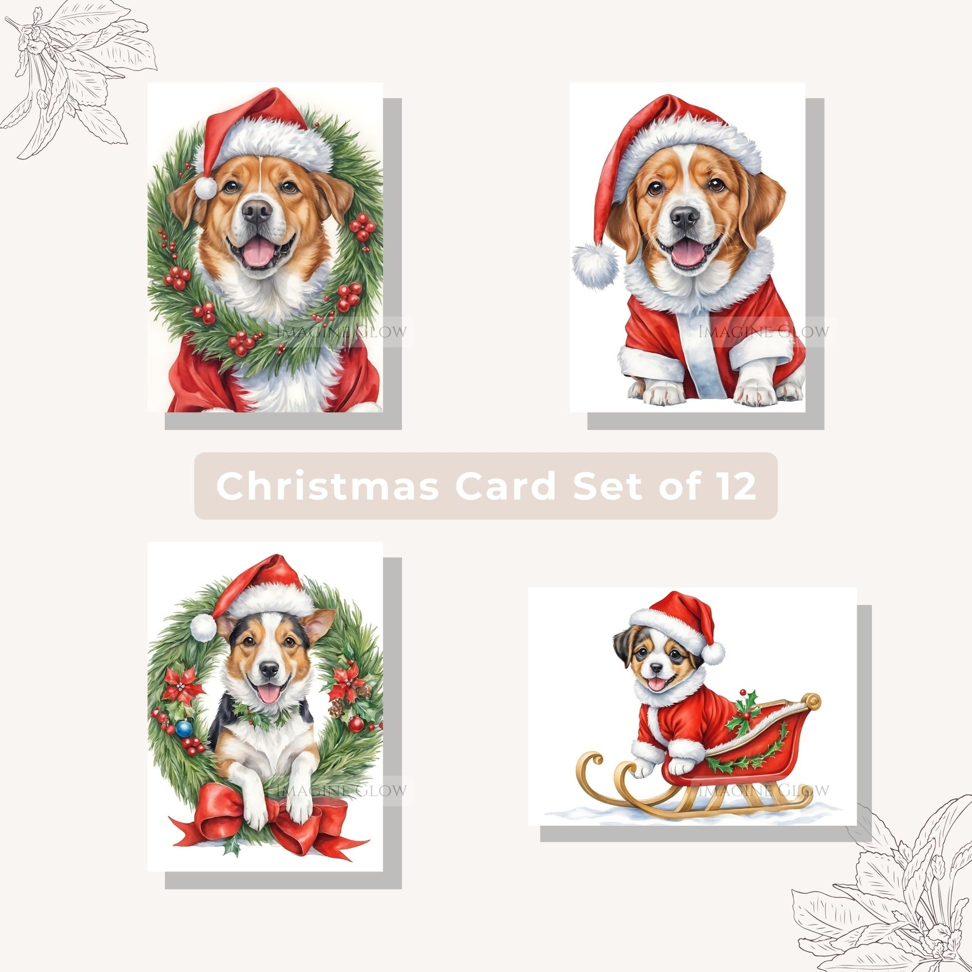Printable card collection showcasing various dogs in Christmas settings