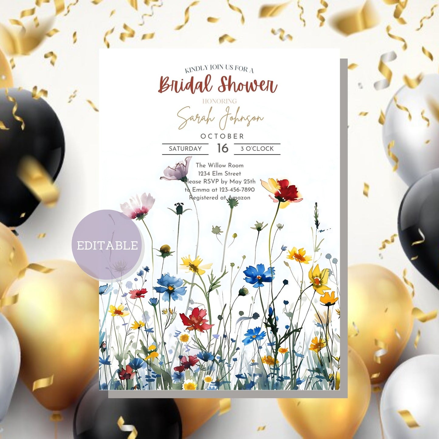 Beautiful wildflower-themed bridal shower invite design - easily customizable using Canva for a personalized touch.