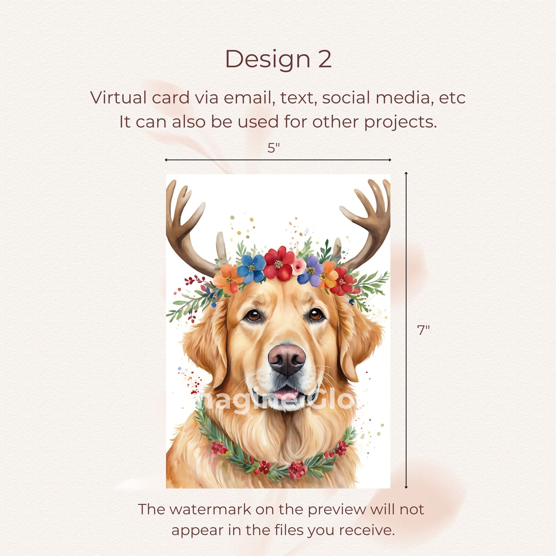 Digital download Christmas card featuring a festive Golden retriever.