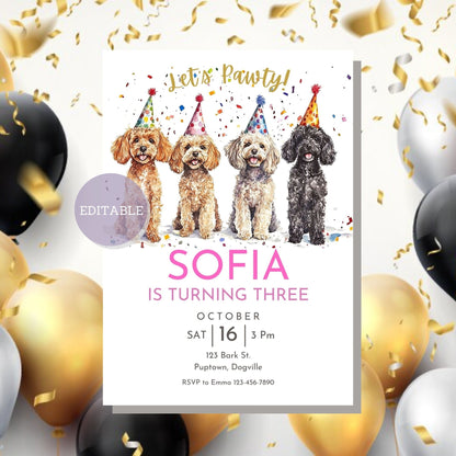 Digital download Poodle birthday invitation template for dog lovers.