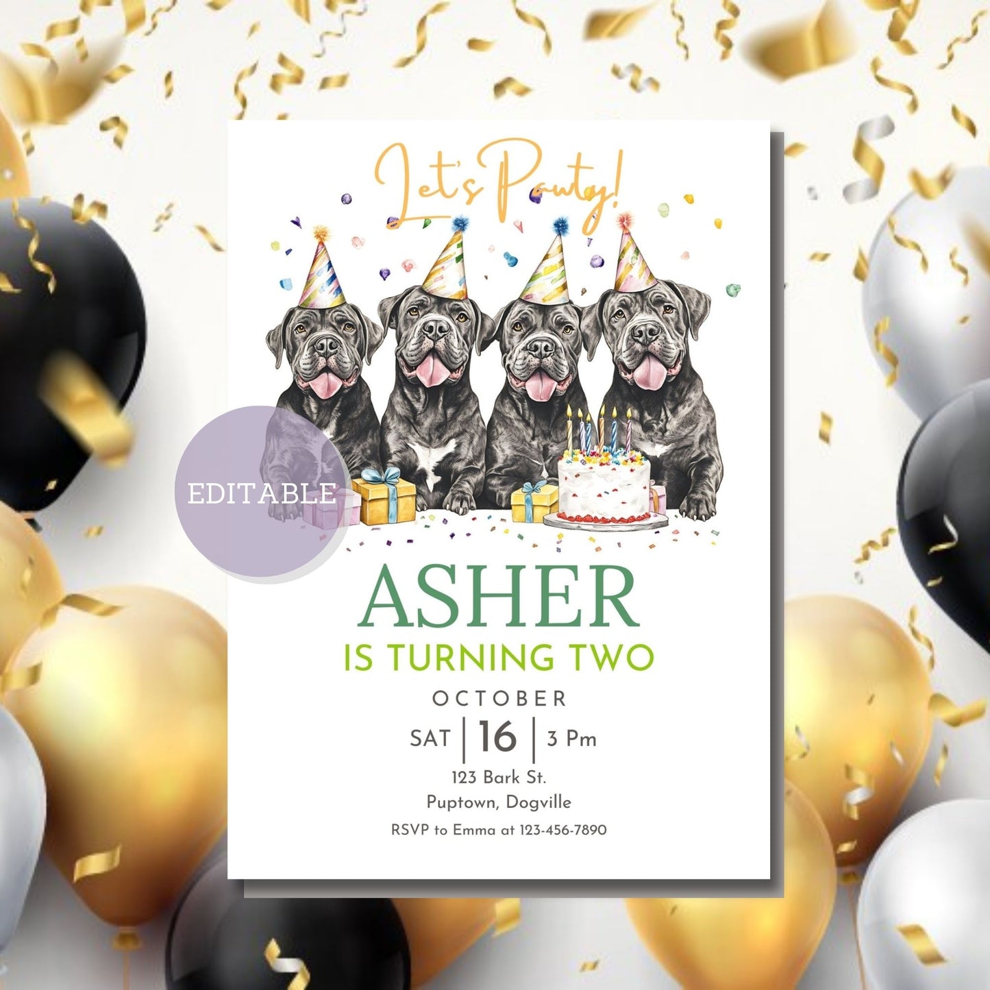 Cane Corso Dog-themed birthday invitation, ready for print or digital download.