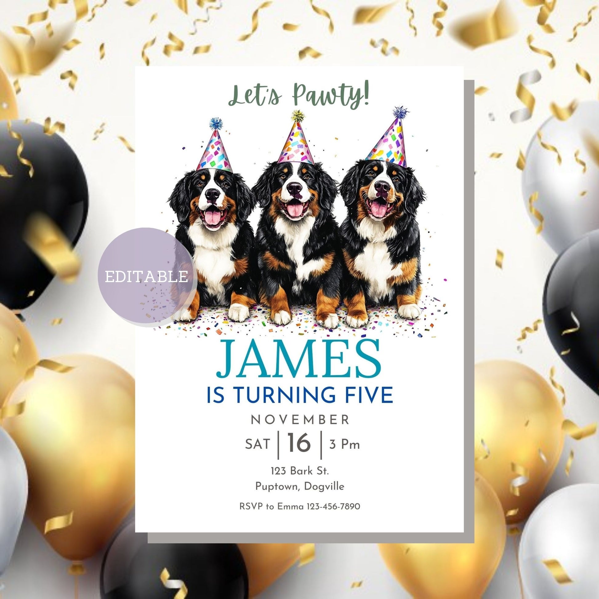 Personalized Bernese Mountain Dog birthday party invitation for dog lovers.