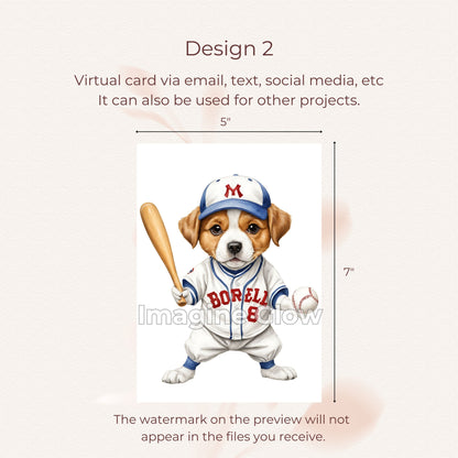 Fun dog lover greeting card with baseball theme.
Versatile baseball dog card digital download.