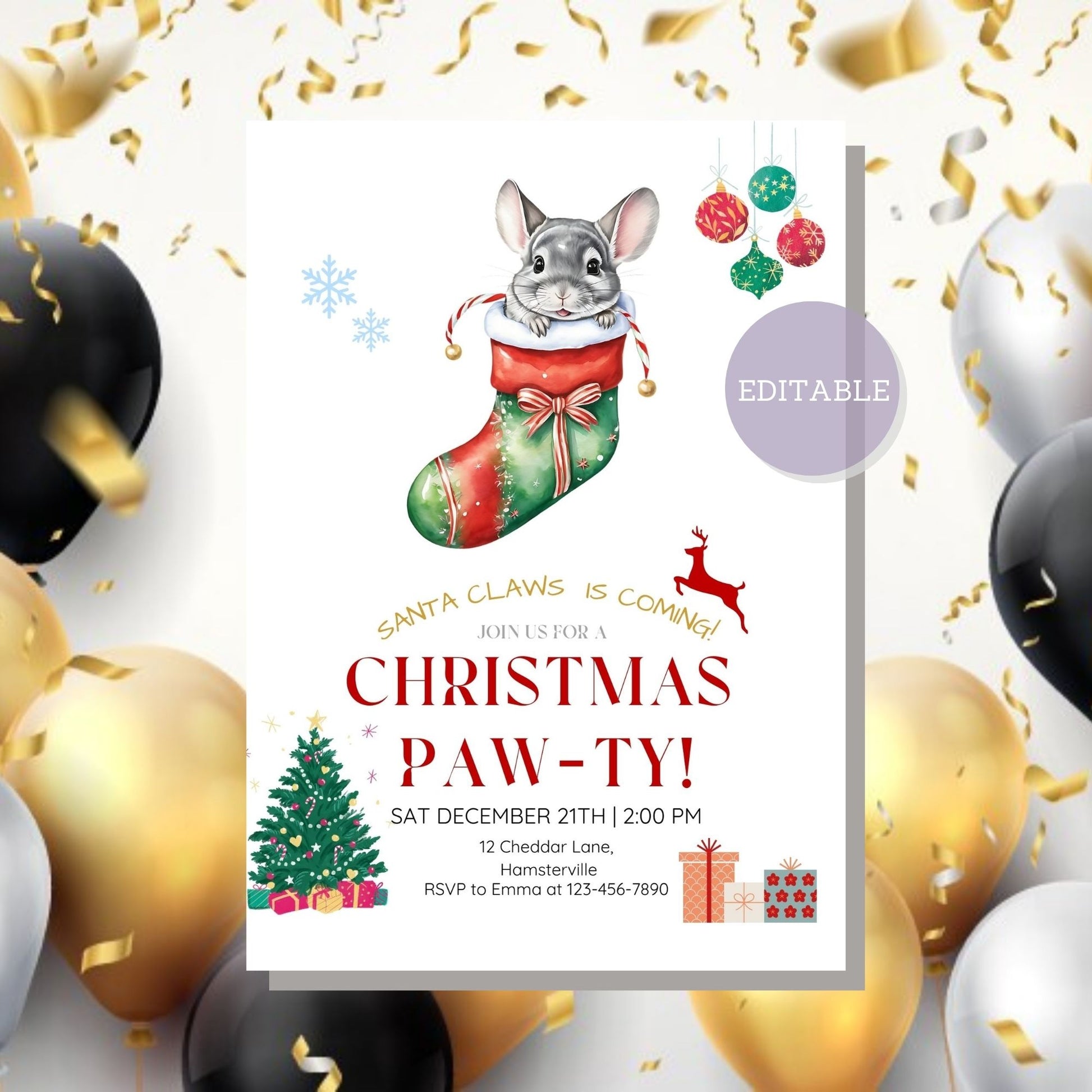 Customizable chinchilla Christmas party invitation template for festive gatherings