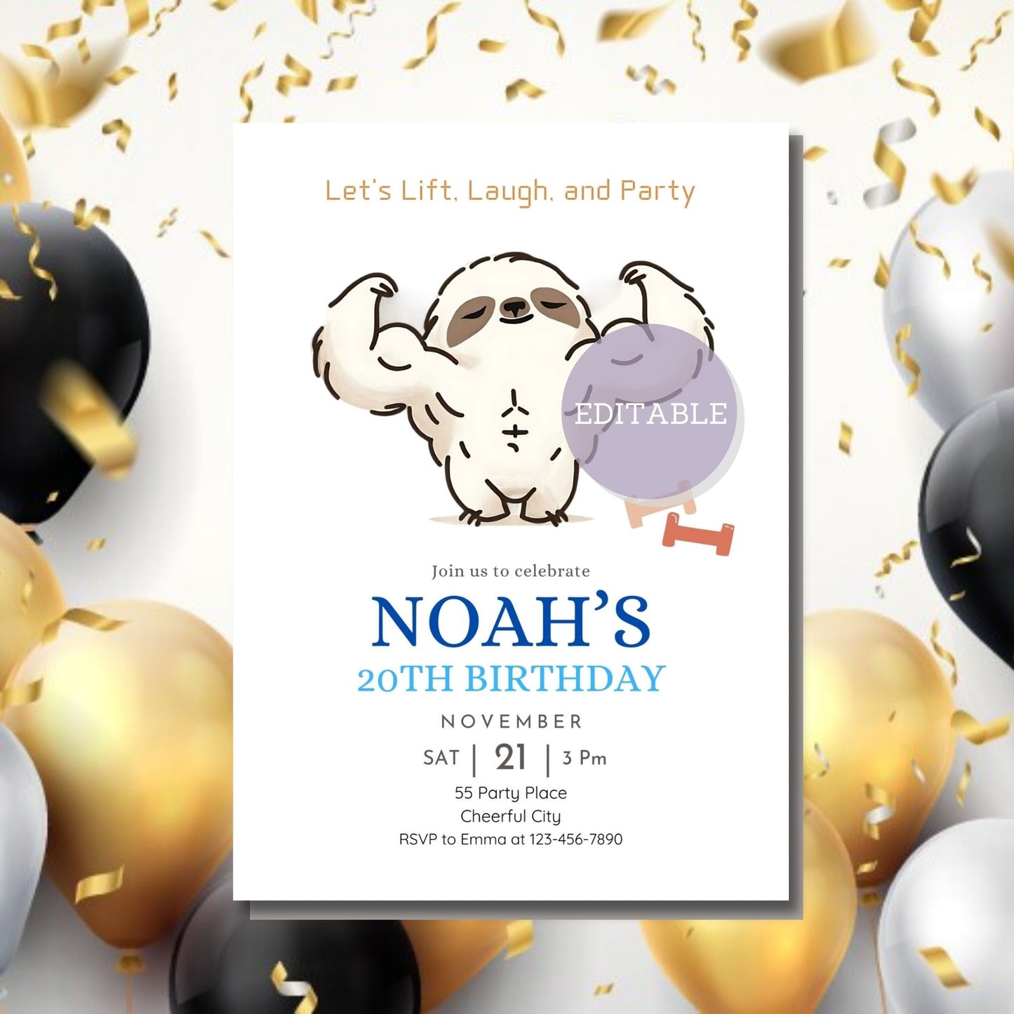 Humorous sloth invitation template for fitness-themed birthday celebration.