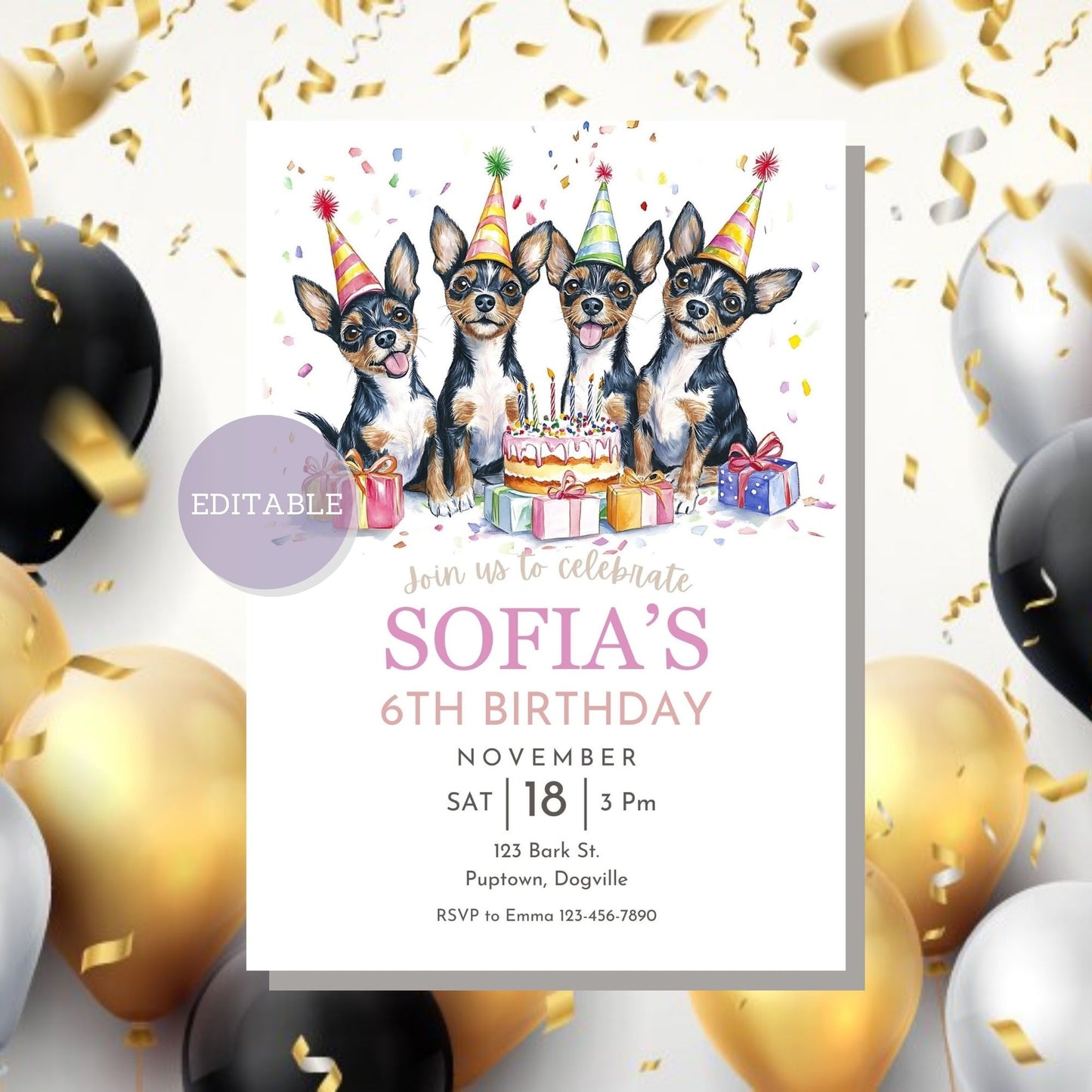 Toy Fox Terrier-themed birthday party invitation template, customizable and printable.