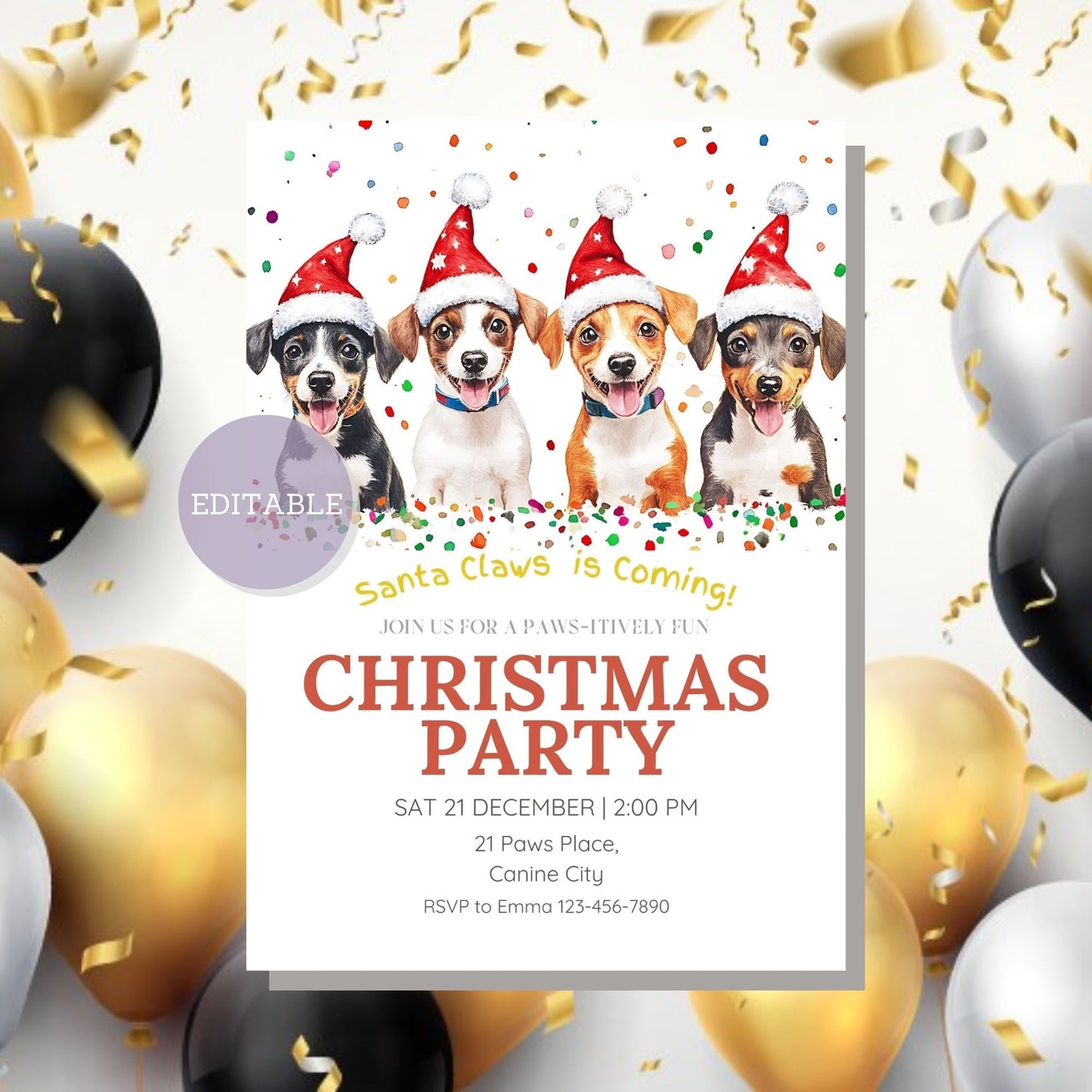 Editable holiday invite featuring a cute Jack Russell Terrier design, perfect for dog enthusiasts.