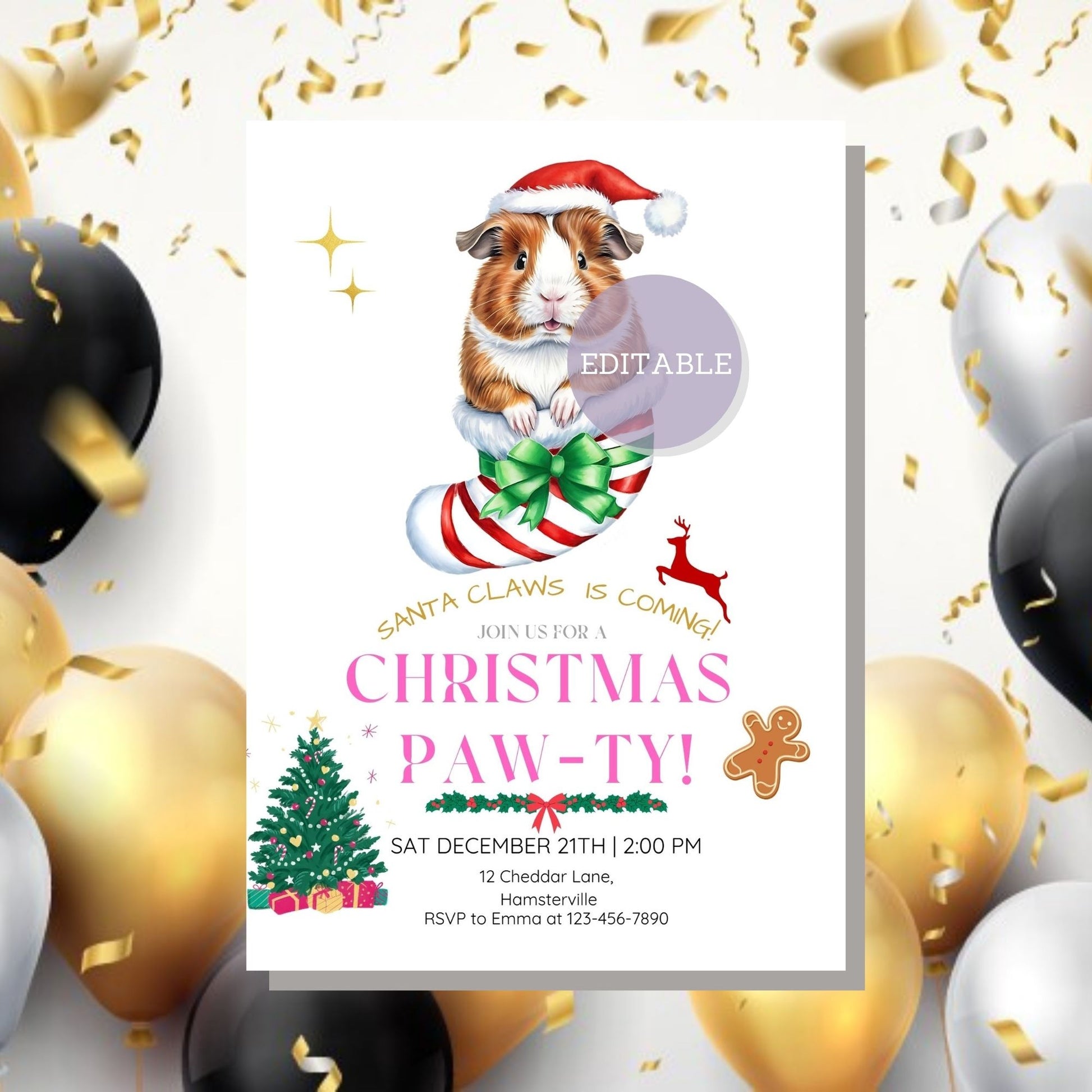 Cute Guinea Pig-Themed Holiday Invitation for Christmas Parties - Printable Design