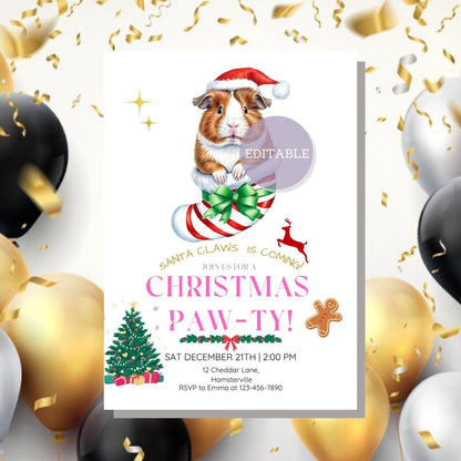 Cute Guinea Pig-Themed Holiday Invitation for Christmas Parties - Printable Design