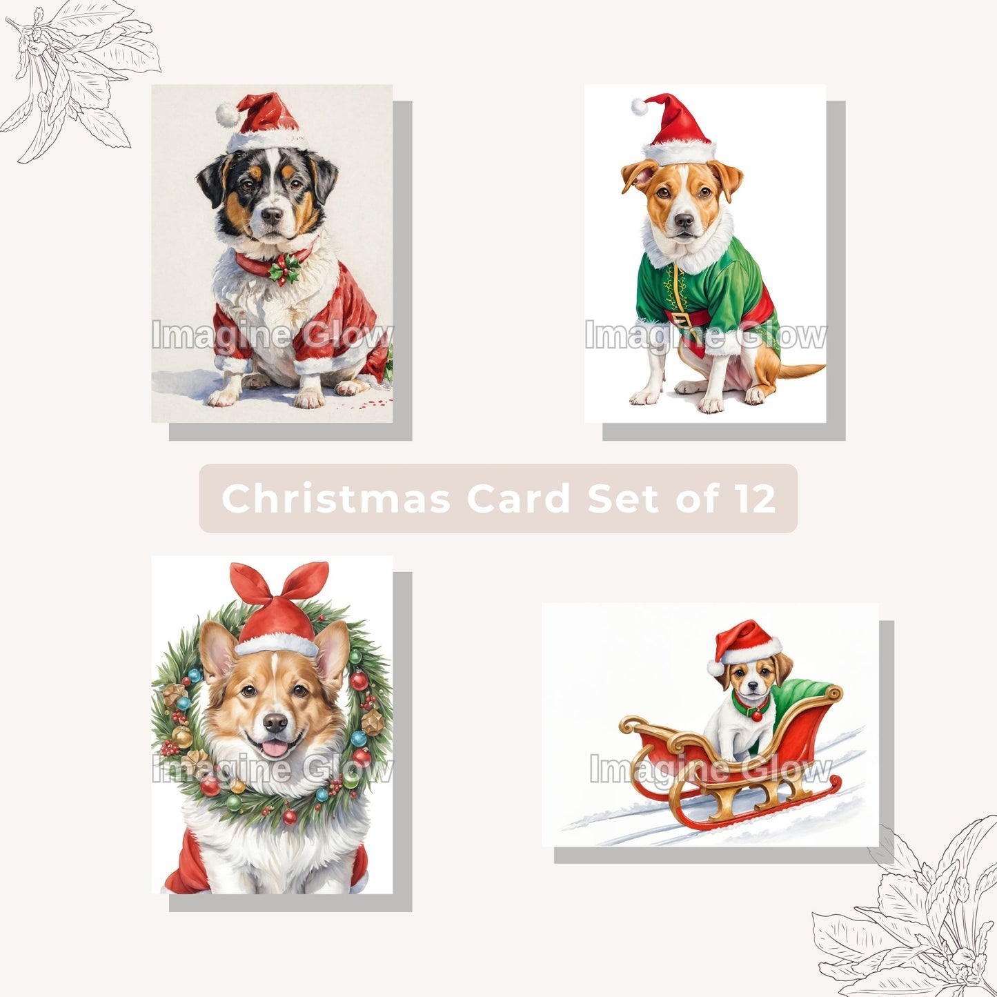 Printable card collection showcasing dogs in various Christmas themes