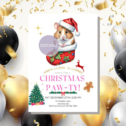 Digital Hamster Holiday Invitation - Editable Christmas party invite, perfect for animal lovers, available for download and print.