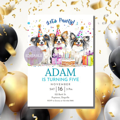 Editable Papillon dog invitation for birthday parties in Canva.