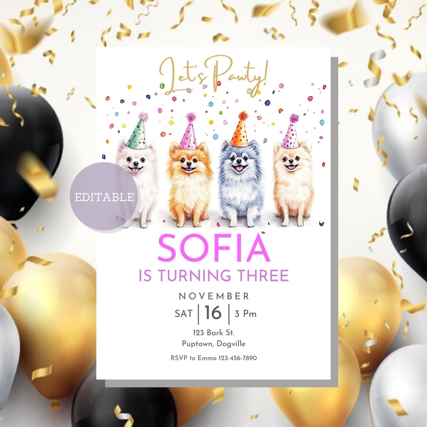 Editable dog-themed birthday invitation featuring a cute Pomeranian.