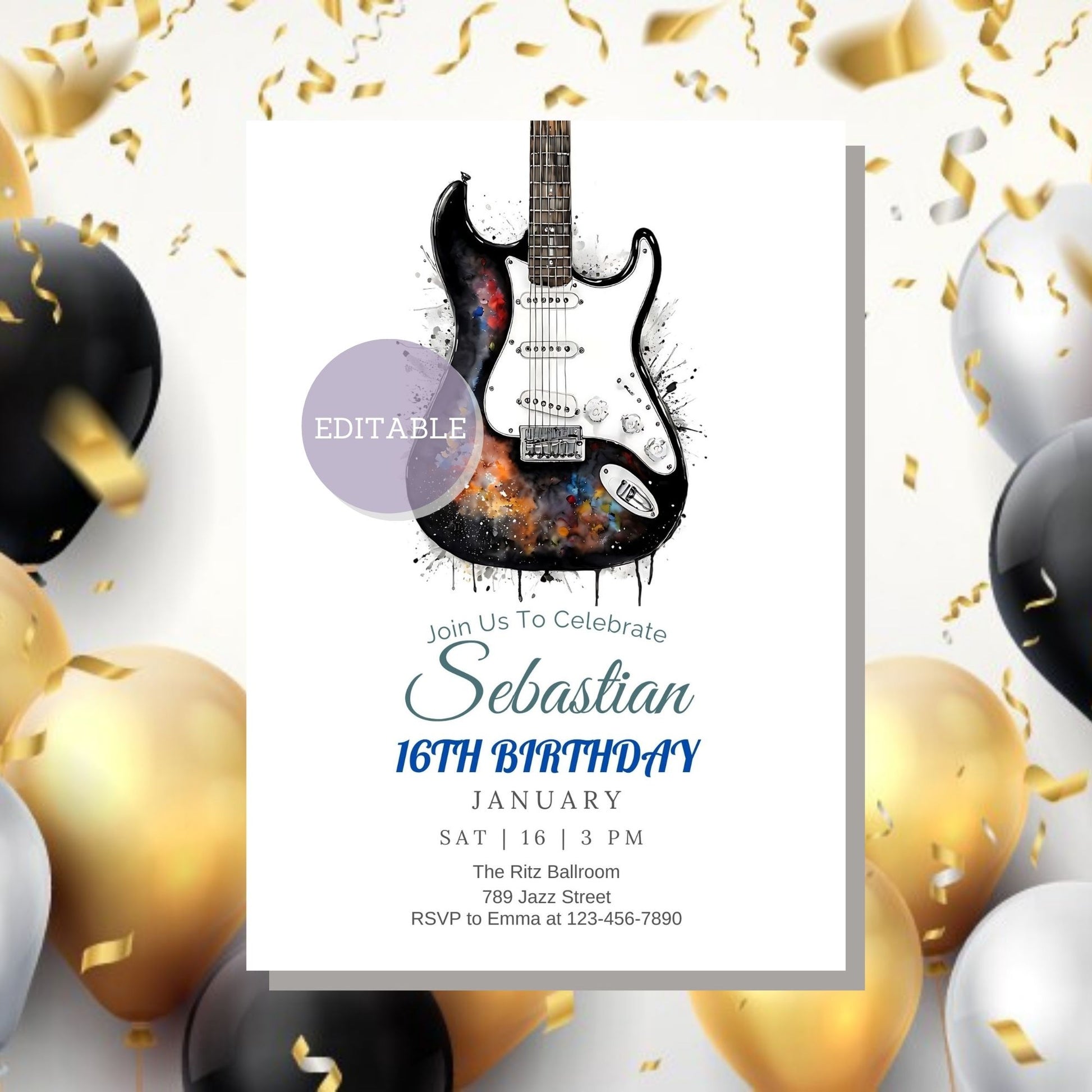 Printable Electric Guitar Birthday Party Invite - Editable in Canva