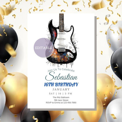 Printable Electric Guitar Birthday Party Invite - Editable in Canva