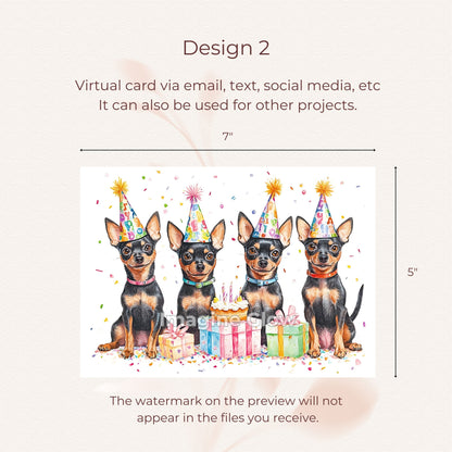 Celebration card with a Miniature Pinscher, instant digital download for easy printing.