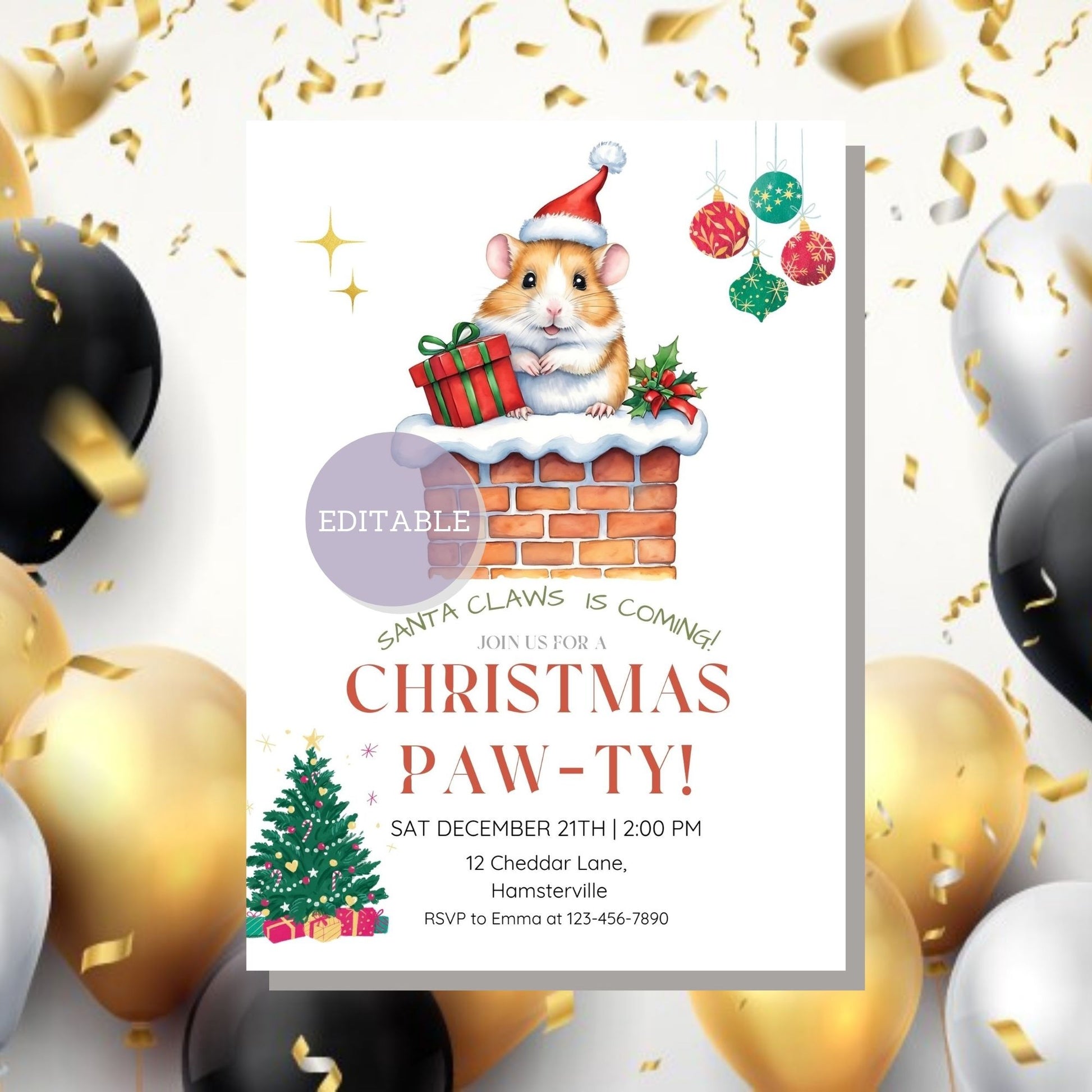 Customizable Hamster Christmas Party Invitation Template with a festive hamster design - Editable in Canva, perfect for holiday parties.