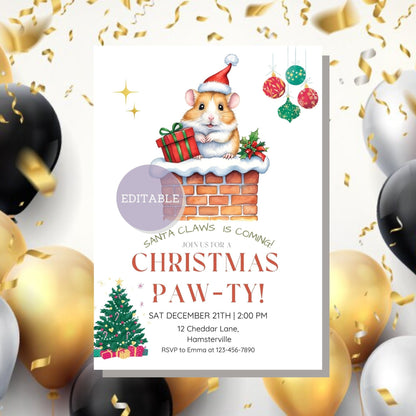 Customizable Hamster Christmas Party Invitation Template with a festive hamster design - Editable in Canva, perfect for holiday parties.