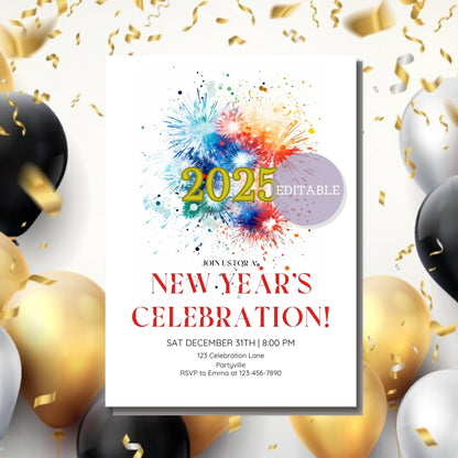 Digital Download Fireworks New Year's Eve Invitation Template
