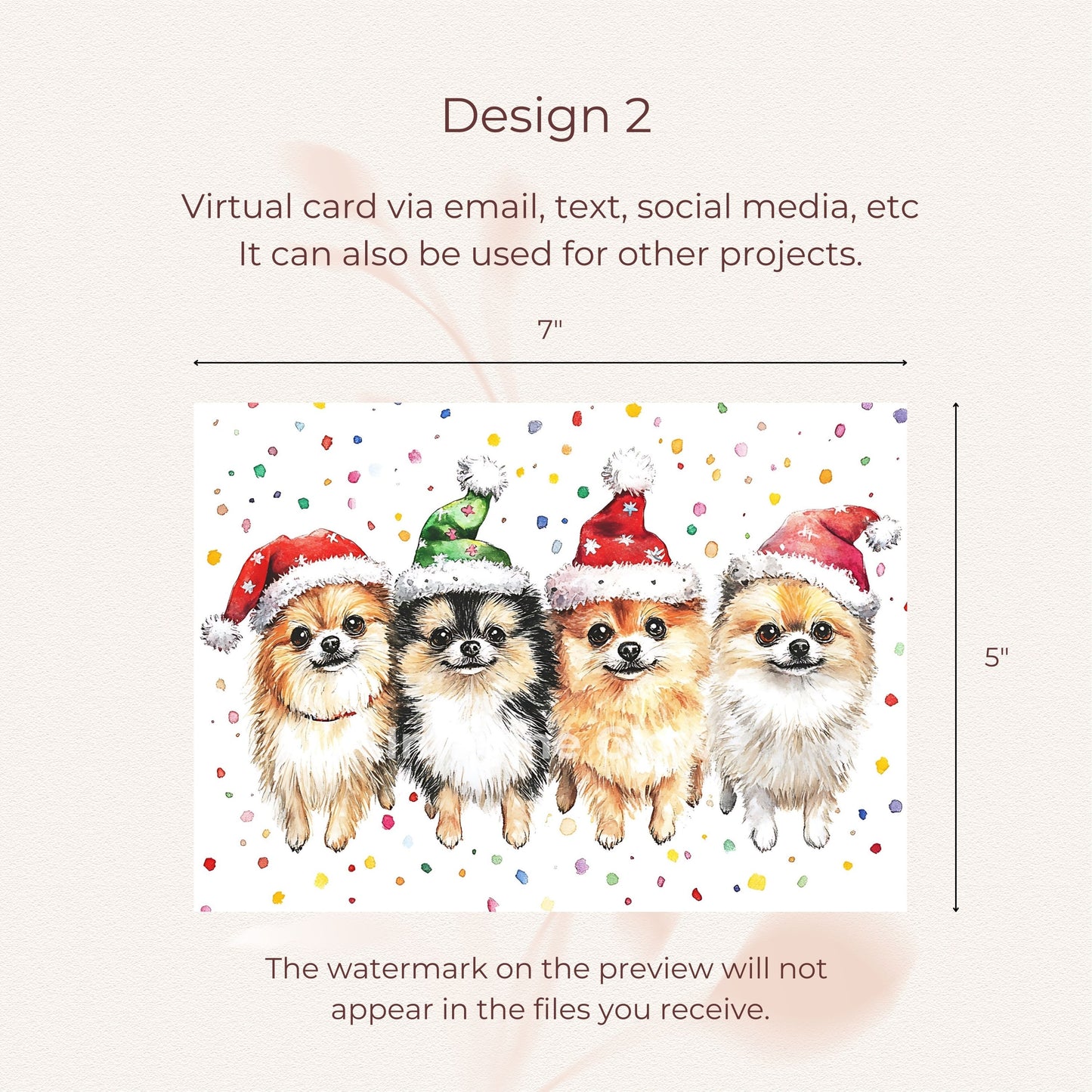 Joyful holiday party card showcasing festive Pomeranian dogs