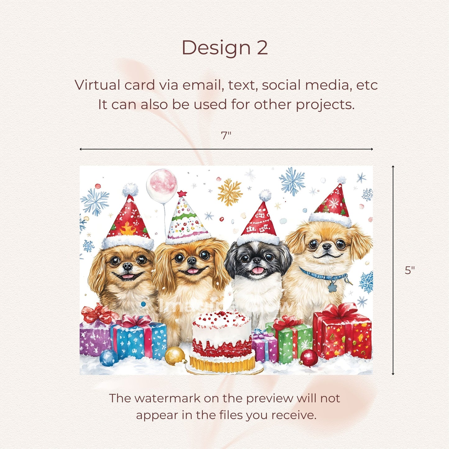 Joyful holiday party card showcasing delightful Pekingese dogs