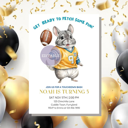 Editable American football birthday invitation template, ideal for a children sports-themed celebration.