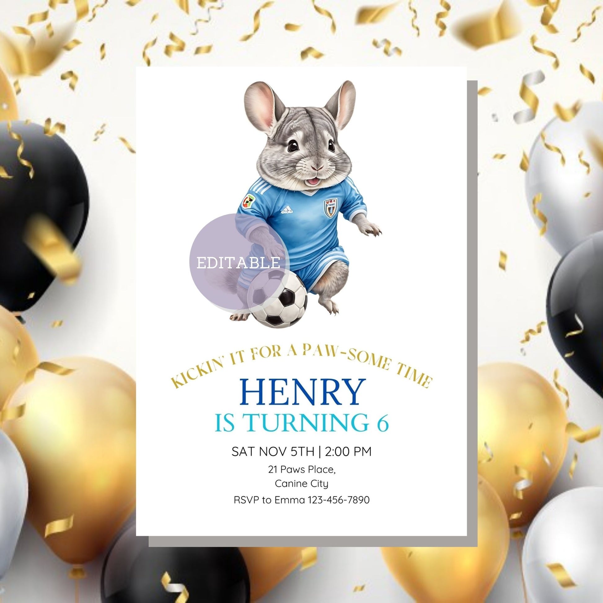 Soccer-themed birthday party invitation template, customizable with Canva.