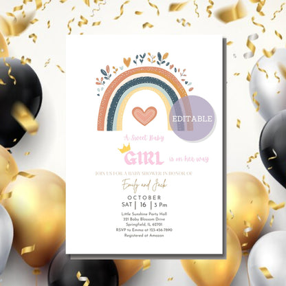 Boho Rainbow Baby Shower Invitation - Heart and Rainbow Design - Editable Printable Party Invite - Canva Template