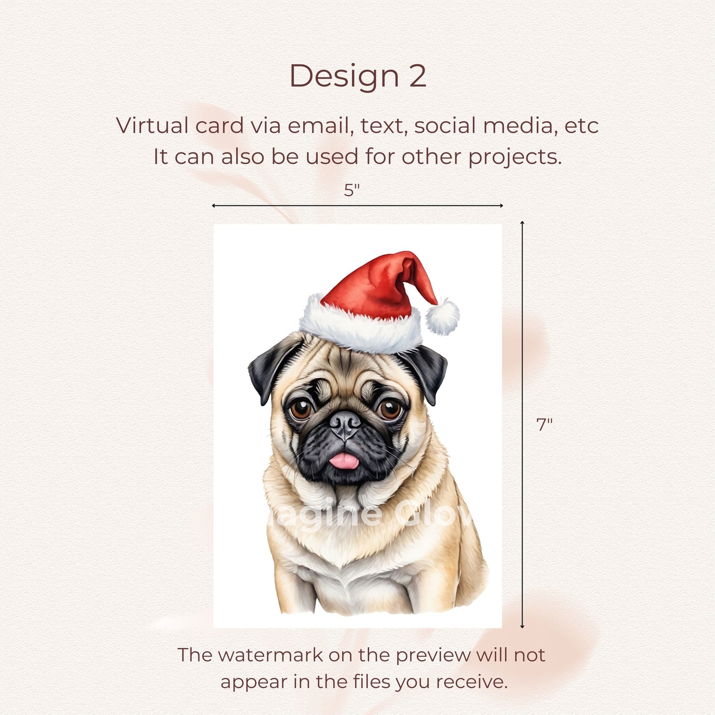 Printable pug Christmas card for dog lovers.
