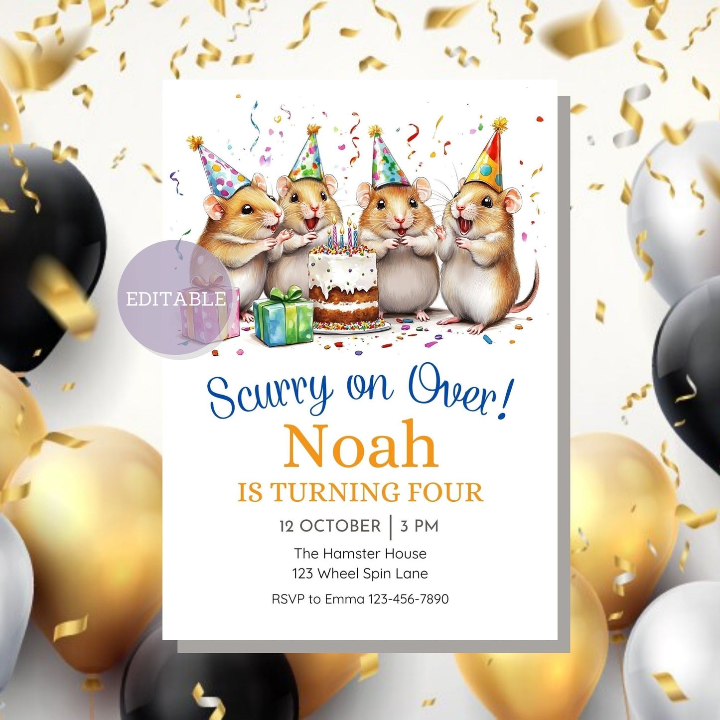 Personalized hamster-themed birthday invitation, editable in Canva