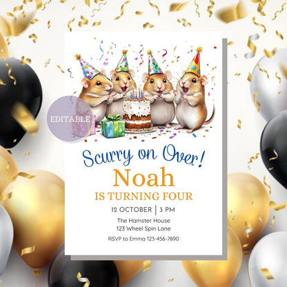 Personalized hamster-themed birthday invitation, editable in Canva