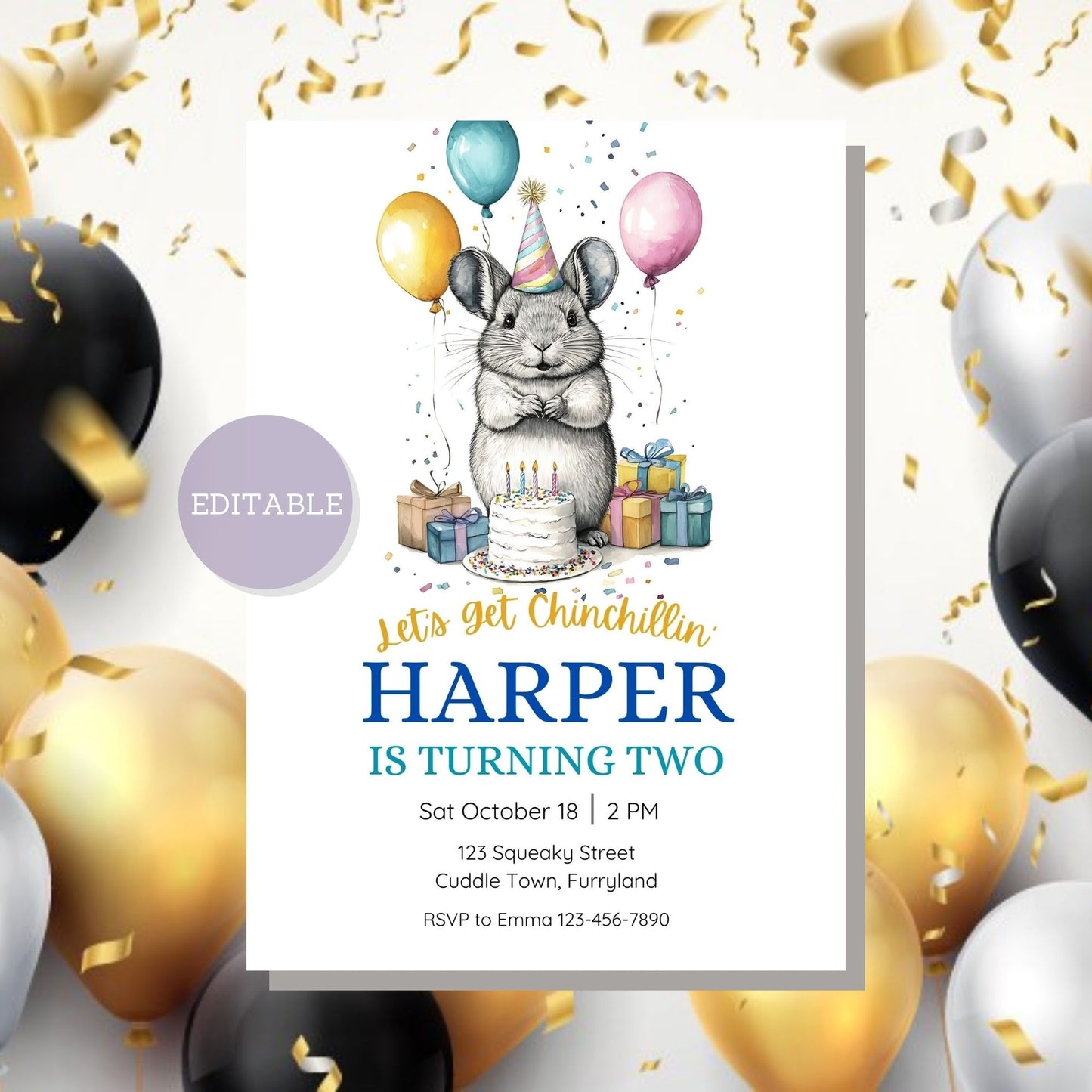 Printable birthday invitation template with chinchilla graphics, editable and ready for your celebration.