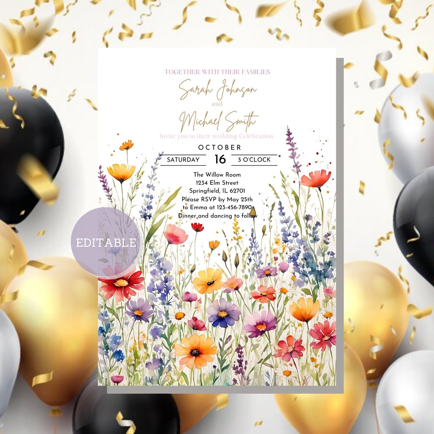 Easy-to-use wedding invitation template for a romantic celebration.